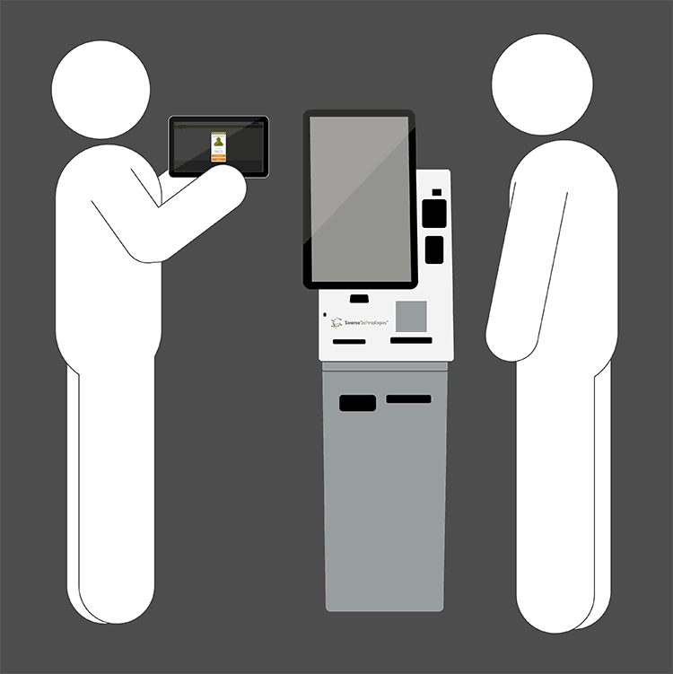 cartoon graphic of two stick people standing next to a Source Technologies personal teller machine kiosk